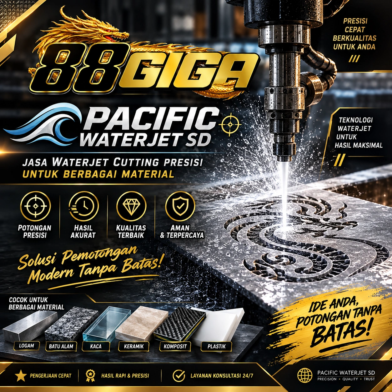 88GIGA Pacific Waterjet SD | Jasa Waterjet Cutting Presisi Untuk Berbagai Material